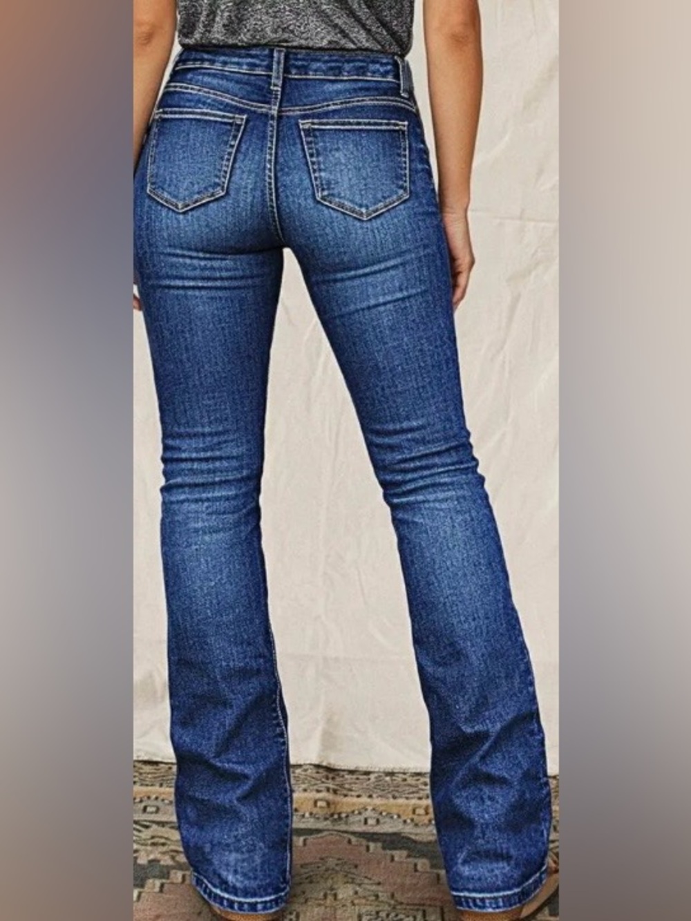 Flamingals Wash Sailor Button Patch Pocket Mid Rise Bootcut Jeans - Picture 2 of 10